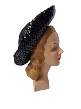 Load image into Gallery viewer, 1940s Black Sequin And Net Halo/Tilt Hat
