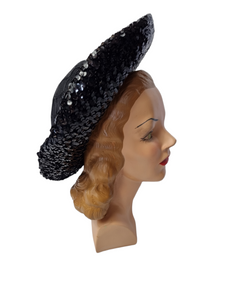 1940s Black Sequin And Net Halo/Tilt Hat