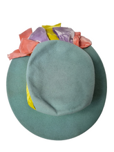 Load image into Gallery viewer, 1940s Pale Blue Felt Tilt Hat With Yellow, Pink and Lilac Velvet Bows
