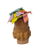 Load image into Gallery viewer, 1940s Pale Blue Felt Tilt Hat With Yellow, Pink and Lilac Velvet Bows
