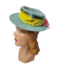 1940s Pale Blue Felt Tilt Hat With Yellow, Pink and Lilac Velvet Bows
