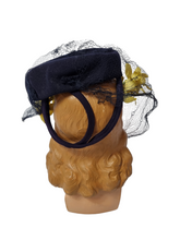 Load image into Gallery viewer, 1940s Navy Felt Hat With Yellow Flowers and Netting
