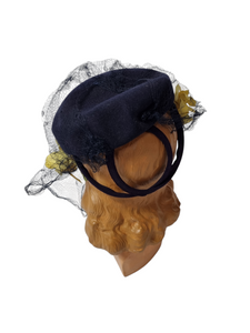 1940s Navy Felt Hat With Yellow Flowers and Netting
