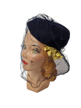 Load image into Gallery viewer, 1940s Navy Felt Hat With Yellow Flowers and Netting
