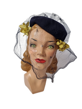 Load image into Gallery viewer, 1940s Navy Felt Hat With Yellow Flowers and Netting
