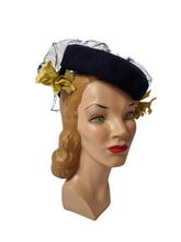 Load image into Gallery viewer, 1940s Navy Felt Hat With Yellow Flowers and Netting
