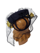 Load image into Gallery viewer, 1940s Navy Felt Hat With Yellow Flowers and Netting
