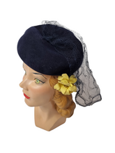 Load image into Gallery viewer, 1940s Navy Felt Hat With Yellow Flowers and Netting
