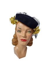 Load image into Gallery viewer, 1940s Navy Felt Hat With Yellow Flowers and Netting
