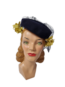 1940s Navy Felt Hat With Yellow Flowers and Netting