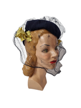 Load image into Gallery viewer, 1940s Navy Felt Hat With Yellow Flowers and Netting
