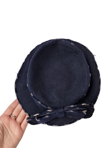 1940s Navy Blue Felt Tilt Hat With RAF Symbol Print and Huge Bow