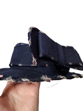 Load image into Gallery viewer, 1940s Navy Blue Felt Tilt Hat With RAF Symbol Print and Huge Bow
