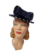 Load image into Gallery viewer, 1940s Navy Blue Felt Tilt Hat With RAF Symbol Print and Huge Bow

