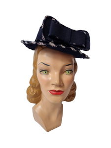 1940s Navy Blue Felt Tilt Hat With RAF Symbol Print and Huge Bow