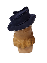 Load image into Gallery viewer, 1940s Navy Blue Felt Tilt Hat With RAF Symbol Print and Huge Bow
