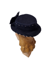Load image into Gallery viewer, 1940s Navy Blue Felt Tilt Hat With RAF Symbol Print and Huge Bow
