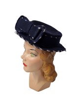 Load image into Gallery viewer, 1940s Navy Blue Felt Tilt Hat With RAF Symbol Print and Huge Bow
