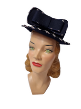Load image into Gallery viewer, 1940s Navy Blue Felt Tilt Hat With RAF Symbol Print and Huge Bow
