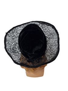 Late 1910s/Early 1920s Black Velvet and Lace Hat