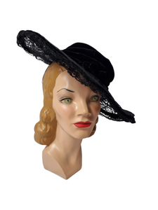Late 1910s/Early 1920s Black Velvet and Lace Hat
