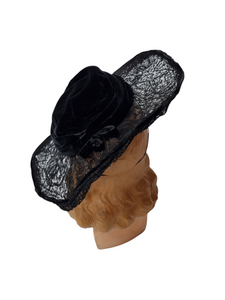 Late 1910s/Early 1920s Black Velvet and Lace Hat