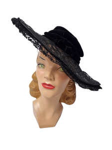 Late 1910s/Early 1920s Black Velvet and Lace Hat