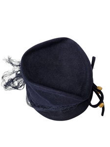 1940s Navy Blue Felt Topper Hat With Raffia Pieces