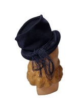 Load image into Gallery viewer, 1940s Navy Blue Felt Topper Hat With Raffia Pieces
