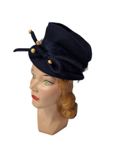 Load image into Gallery viewer, 1940s Navy Blue Felt Topper Hat With Raffia Pieces
