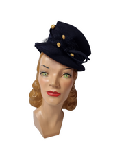 Load image into Gallery viewer, 1940s Navy Blue Felt Topper Hat With Raffia Pieces
