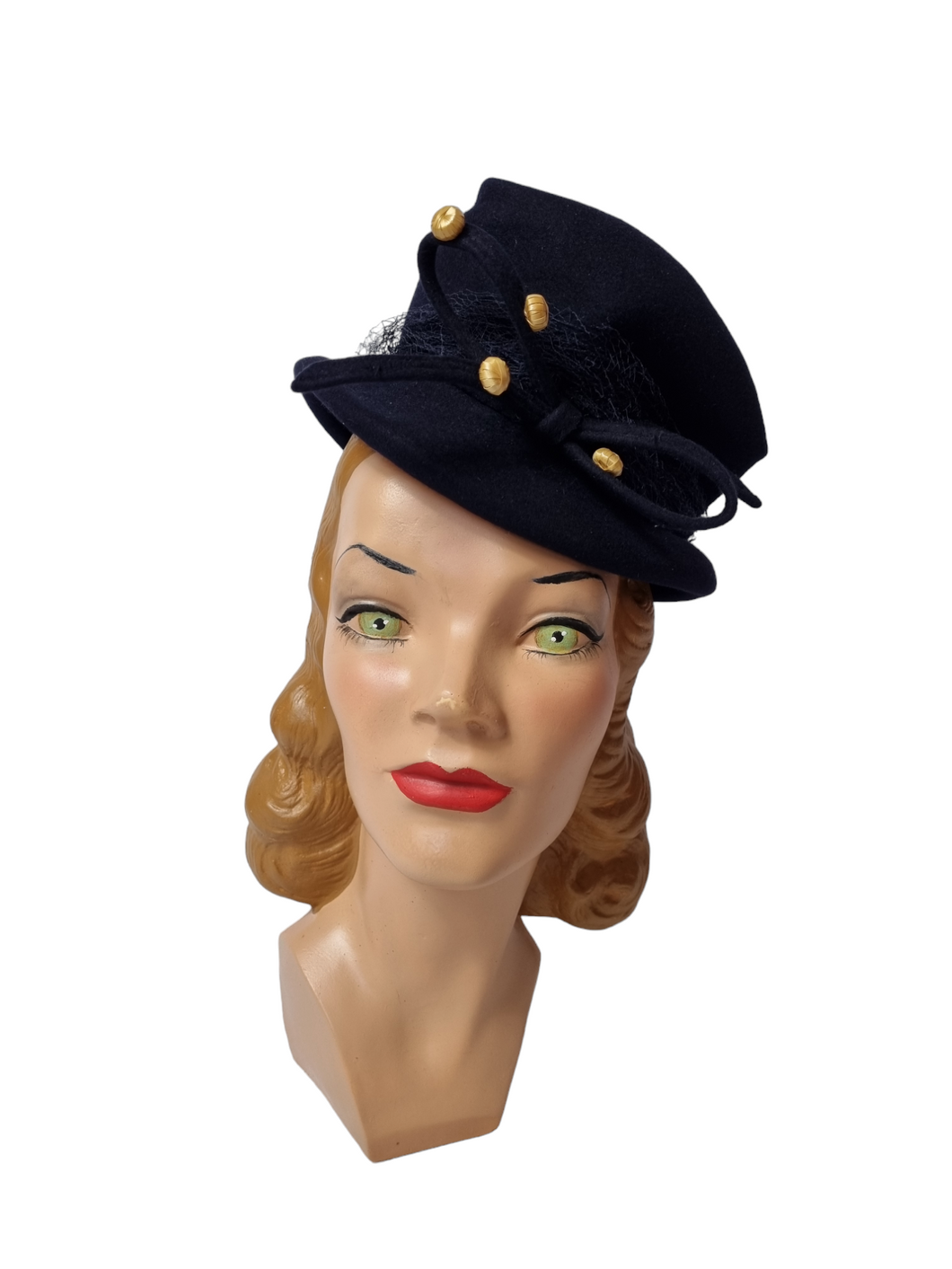 1940s Navy Blue Felt Topper Hat With Raffia Pieces