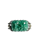 Load image into Gallery viewer, 1930s Art Deco Faux Jade Pressed Glass Marcasite Brooch
