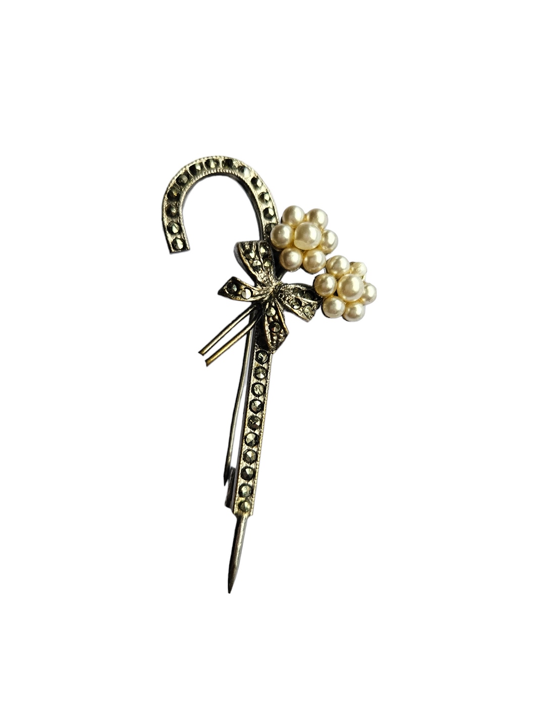 1930s Deco French Marcastie and Faux Pearl Umbrella Brooch