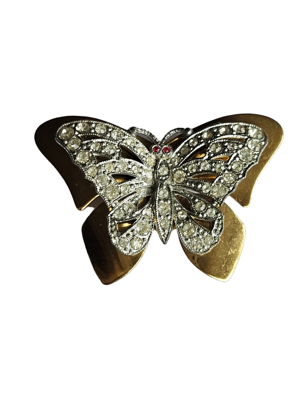 1930s Art Deco Chunky Metal Diamante Butterfly Brooch