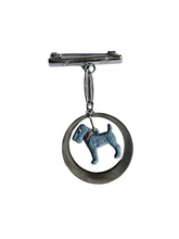 Load image into Gallery viewer, 1930s Art Deco Celluloid and Silver Tone Dangly Dog Brooch
