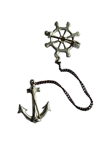 1930s Deco Ships Wheel And Anchor Nautical Chatelaine Brooch