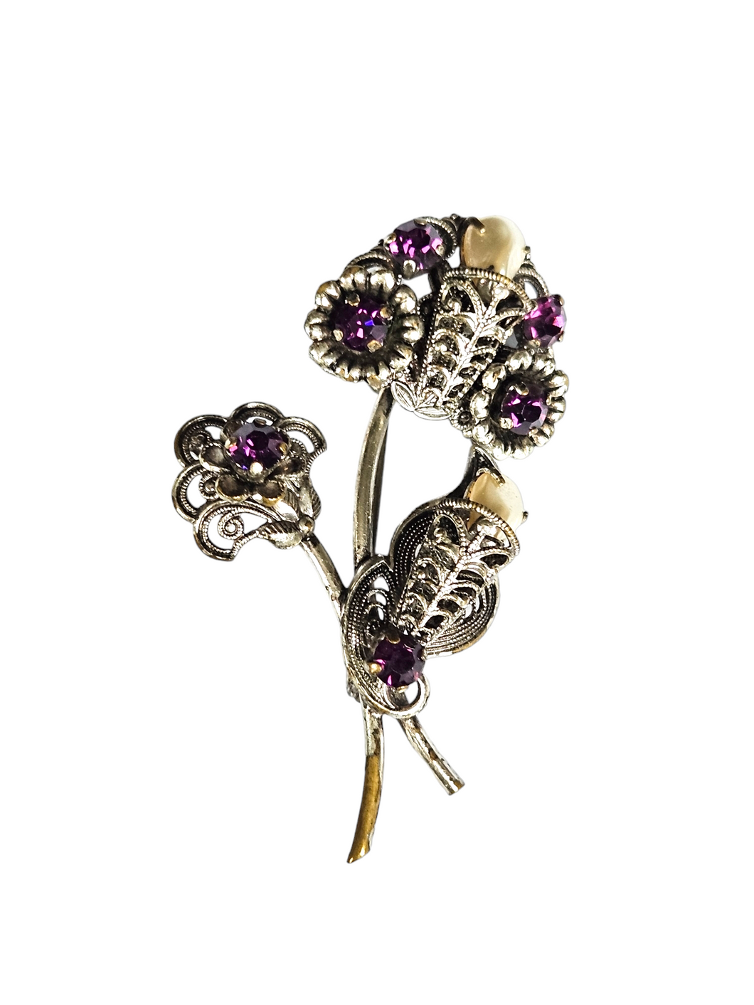 1930s Czech Purple Glass Faux Pearl Filigree Flower Brooch
