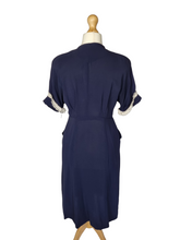 Load image into Gallery viewer, 1940s Navy Blue Crepe Dress With Lace Sleeves
