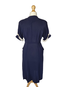 1940s Navy Blue Crepe Dress With Lace Sleeves