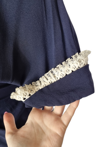 1940s Navy Blue Crepe Dress With Lace Sleeves
