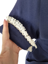 Load image into Gallery viewer, 1940s Navy Blue Crepe Dress With Lace Sleeves
