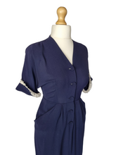Load image into Gallery viewer, 1940s Navy Blue Crepe Dress With Lace Sleeves
