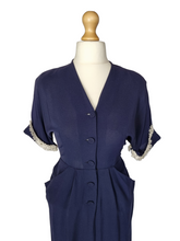 Load image into Gallery viewer, 1940s Navy Blue Crepe Dress With Lace Sleeves
