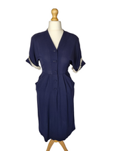 Load image into Gallery viewer, 1940s Navy Blue Crepe Dress With Lace Sleeves
