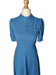 1940s Plain Blue Crepe Long Dress