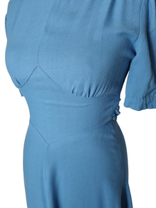 1940s Plain Blue Crepe Long Dress