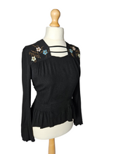 Load image into Gallery viewer, 1940s Black Embroidered Peplum Blouse
