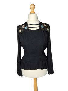 1940s Black Embroidered Peplum Blouse