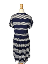 Load image into Gallery viewer, 1940s Navy and White Triangle Print Dress With Button Detail
